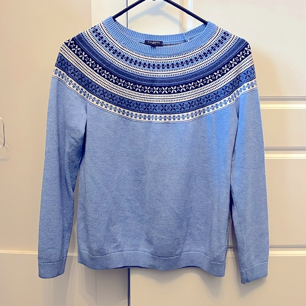 Talbots Cotton/Cashmere Blend Sweater in Light Blue & Stripes Size Medium Petite
